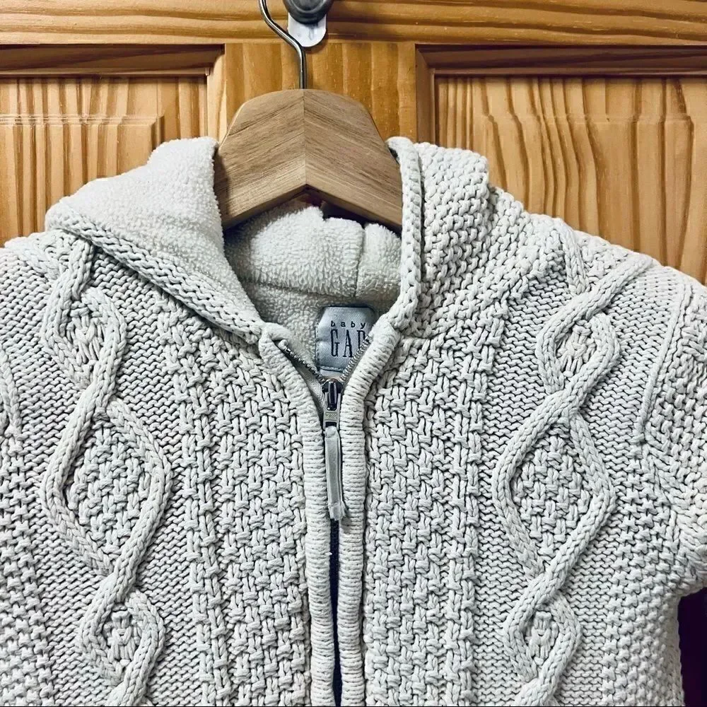 Baby Gap cream white cable knit full zip fleece lined hood sweater jacket coat 4